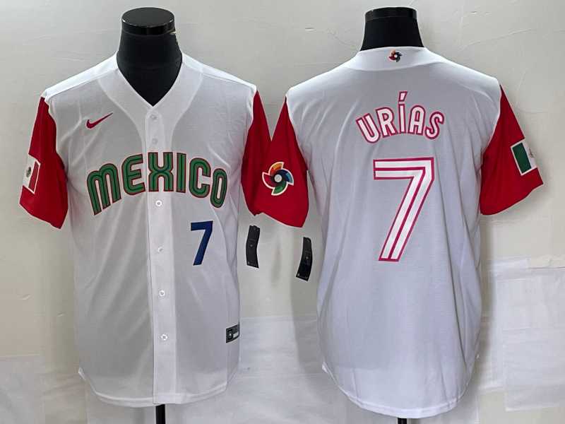 Mens Mexico Baseball #7 Julio Urias Number 2023 White Red World Classic Stitched Jersey 44